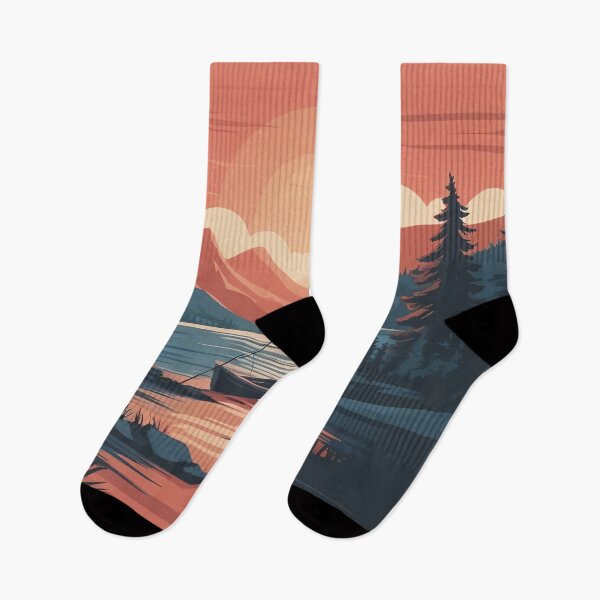 Item preview, A cartoon landscape of the setting sun over a forest lake designed and sold by StyleAndVibe.