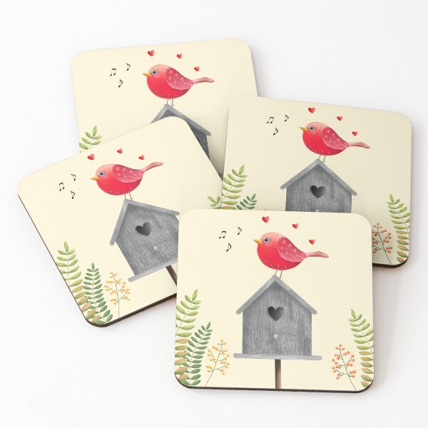Item preview, Cute Red and Pink Bird Singing on Its Little House — Magical Fairy Tale Bird Illustration designed and sold by LiudmylaMaika.