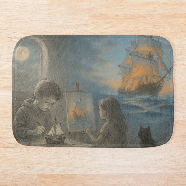 Item preview, Dreams Come Alive – Children, Cat & Moonlit Sea Fantasy Illustration designed and sold by ggstcraft.