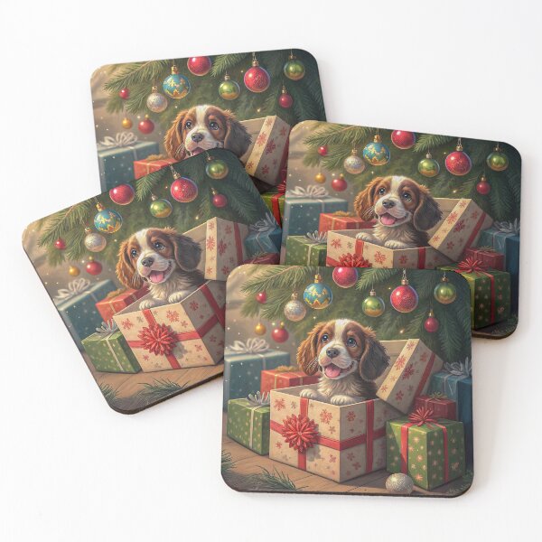 Item preview, Happy Springer Spaniel Puppy in Christmas Gift Box Under Decorated Tree designed and sold by skibreck.
