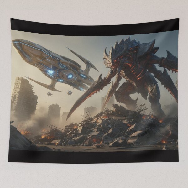 Item preview, Kaiju Alien Monster Scifi Apocalypse and Spaceship Scene designed and sold by ToadsGiftsnThings.