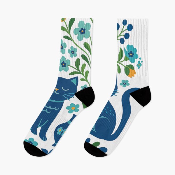 Item preview, Blue Folk Art Cats – Whimsical Floral Cat Design in Nordic Style designed and sold by Gold Turtle  Lina.