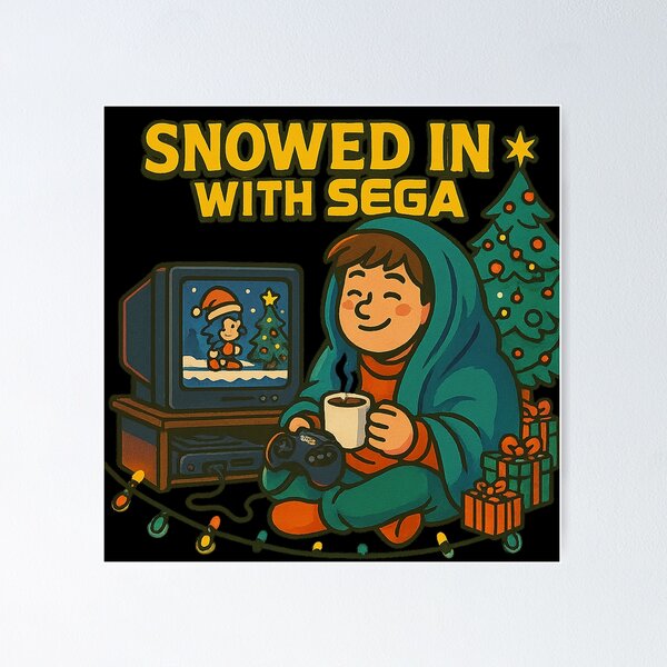 Artikelvorschau, Eingeschneit mit Sega – Retro-Konsole, gemütliche Weihnachtsnacht, Gaming-Controller & Baumszene entworfen und verkauft von AddictiveDesign.
