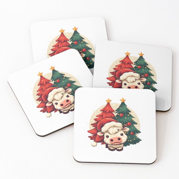 Item preview, Whimsical Highland Cow in Tilted Santa Hat with Dual Christmas Trees designed and sold by Avina Intelligence.