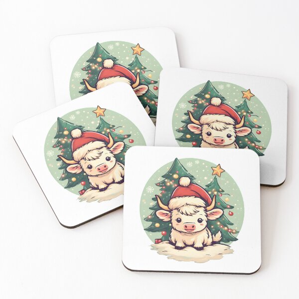 Item preview, Cute Fluffy Highland Cow with Santa Hat Between Christmas Trees designed and sold by Avina Intelligence.