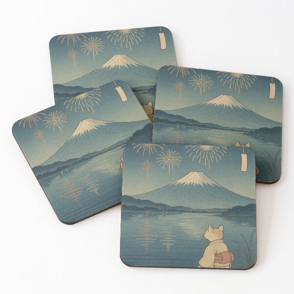 Item preview, Cat Watching Fireworks by Mt. Fuji – Ukiyo-e Style Japanese Art / 富士山と花火を見る浴衣猫（浮世絵ポップ） designed and sold by FantasyNeko.