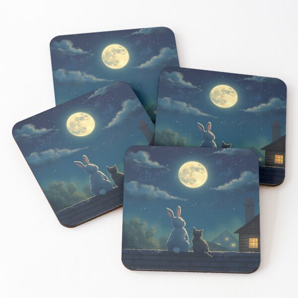 Item preview, Moonlit Friends: Bunny and Cat Rooftop Moment designed and sold by WildlifeWhimsy.