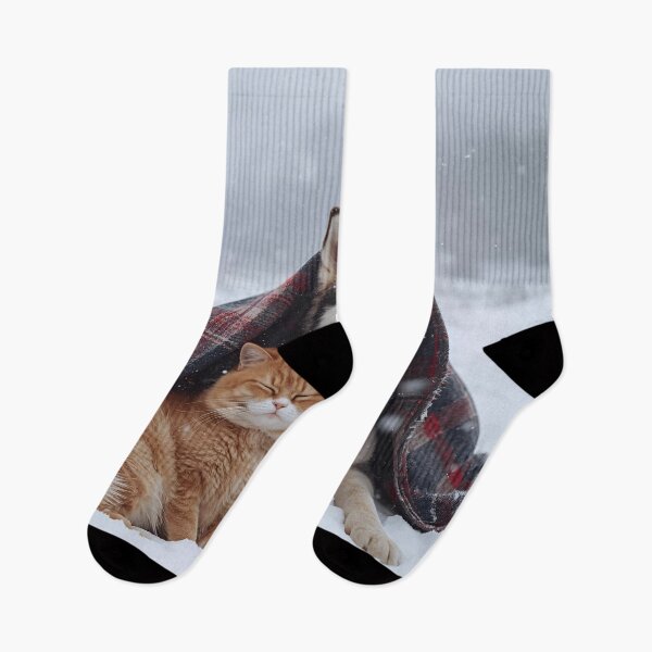 Item preview, Chubby Cat & Husky Cuddling Under a Blanket in the Snow designed and sold by WildlifeWhimsy.