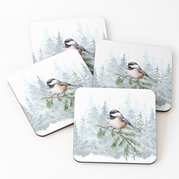 Item preview, Watercolor Winter Spruce Tree Chickadee designed and sold by countrymouse.