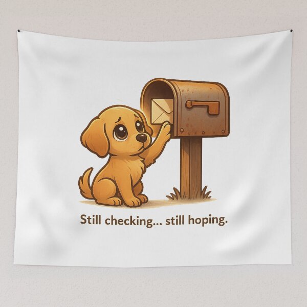 Item preview, Lonely Puppy Waiting at Mailbox – “Still Checking… Still Hoping” Emotional Dog Design designed and sold by PawWave.