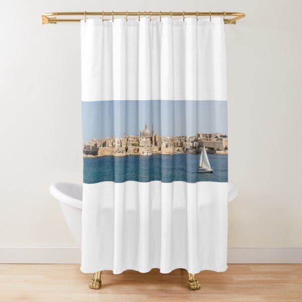 View from Window of Sea with Wharf Mediterranean Decor Print Shower Curtain Set