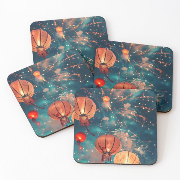 Item preview, Traditional Chinese lanterns against fireworks in night sky, background, AI generated designed and sold by dvoevnore.