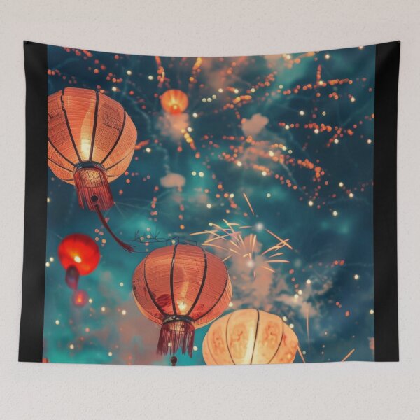 Item preview, Traditional Chinese lanterns against fireworks in night sky, background, AI generated designed and sold by dvoevnore.