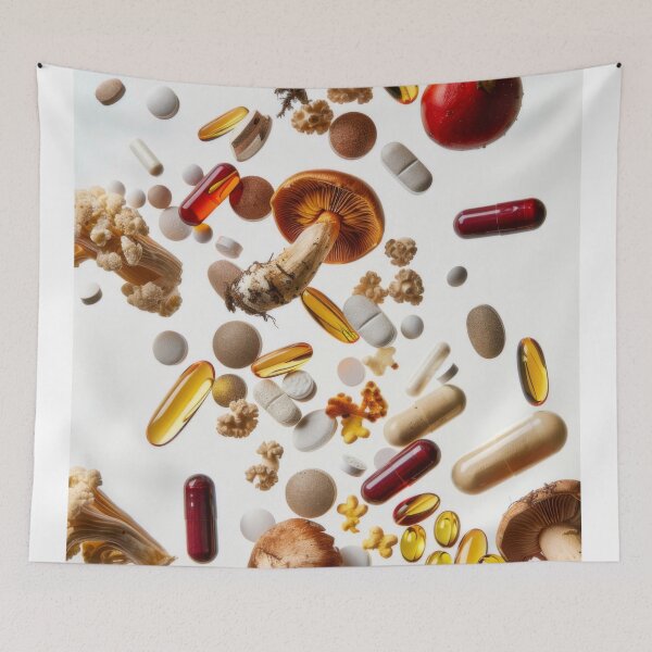 Item preview, Mushrooms and various pills floating in mid-air on white background, AI Generated designed and sold by dvoevnore.