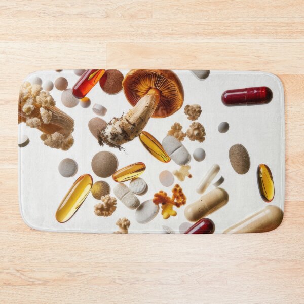 Item preview, Mushrooms and various pills floating in mid-air on white background, AI Generated designed and sold by dvoevnore.