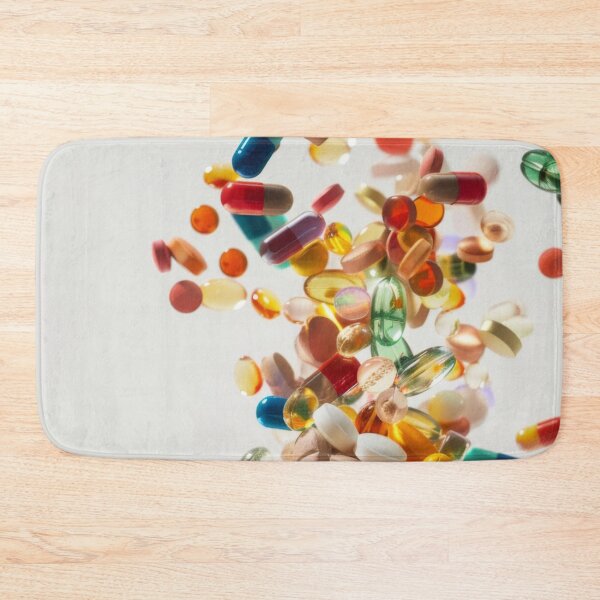 Item preview, Colorful pills and capsules falling in mid-air on white background, AI Generated designed and sold by dvoevnore.