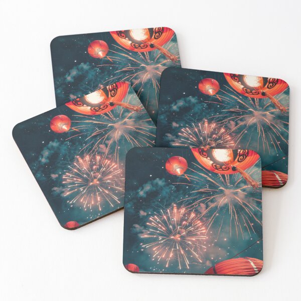 Item preview, Traditional Chinese lanterns against fireworks in night sky, background, AI generated designed and sold by dvoevnore.