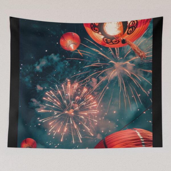 Item preview, Traditional Chinese lanterns against fireworks in night sky, background, AI generated designed and sold by dvoevnore.