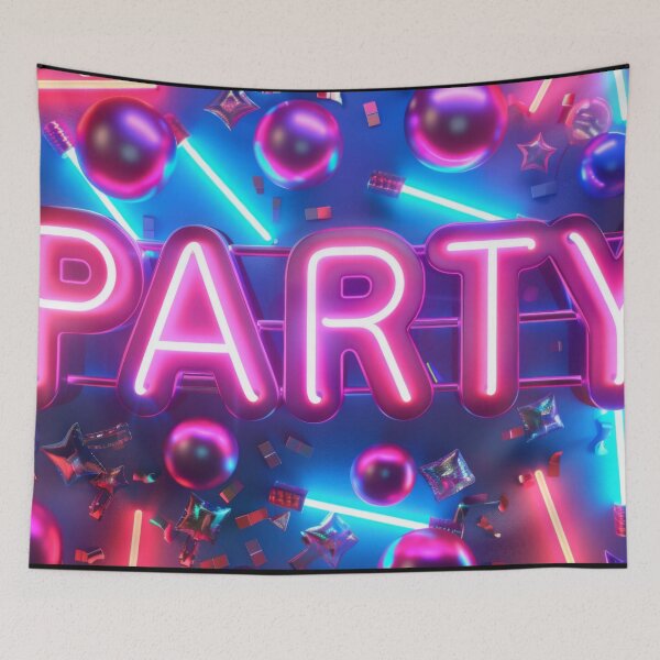 Item preview, Vibrant purple neon PARTY sign in retro 90s style glowing maximalist background AI Generated content designed and sold by dvoevnore.