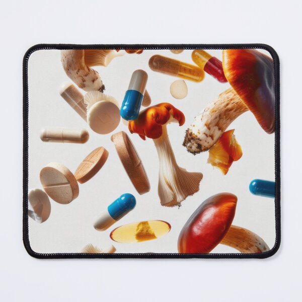 Item preview, Mushrooms and various pills floating in mid-air on white background, AI Generated designed and sold by dvoevnore.