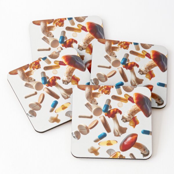 Item preview, Mushrooms and various pills floating in mid-air on white background, AI Generated designed and sold by dvoevnore.