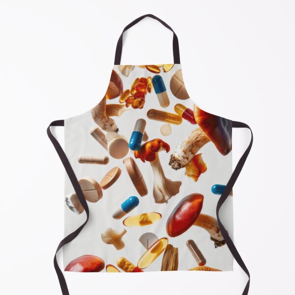 Item preview, Mushrooms and various pills floating in mid-air on white background, AI Generated designed and sold by dvoevnore.
