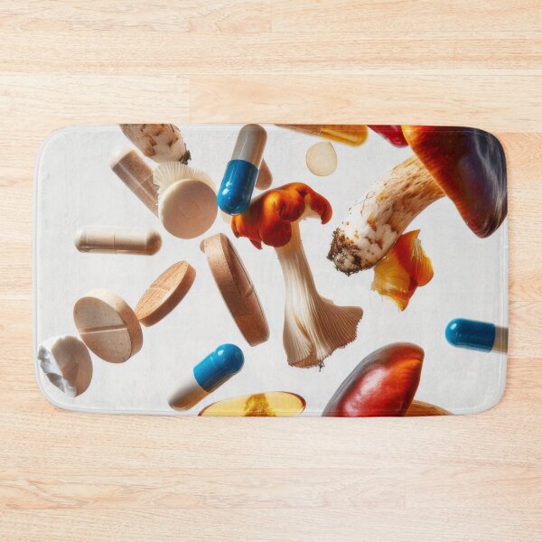Item preview, Mushrooms and various pills floating in mid-air on white background, AI Generated designed and sold by dvoevnore.