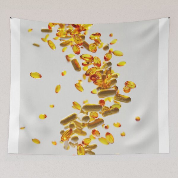Item preview, Colorful pills and capsules falling in mid-air on white background, AI Generated designed and sold by dvoevnore.
