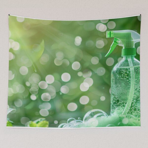 Item preview, Spray bottle with green leaves in nature background, AI Generated designed and sold by dvoevnore.
