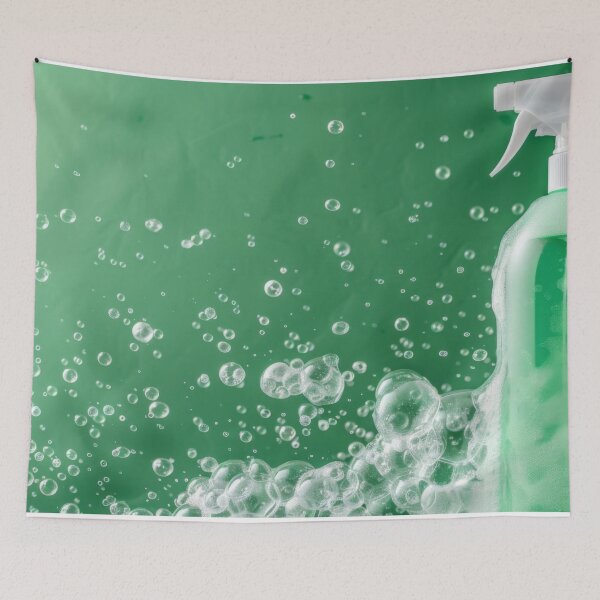 Item preview, Spray bottle with green liquid and foam on green background, AI Generated designed and sold by dvoevnore.