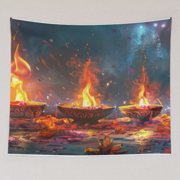 Item preview, Oil lamps with burning flames surrounded by flower petals, background, AI Generated designed and sold by dvoevnore.