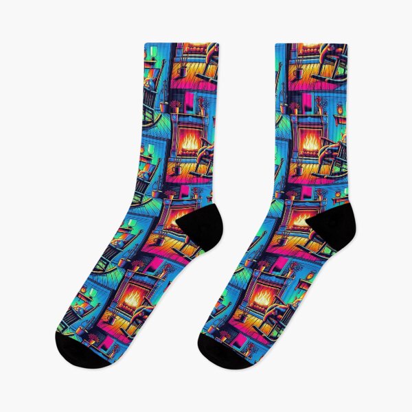 Item preview, Neon Cozy Cat by the Fireplace – Surreal Room Art designed and sold by Dogandesighn.