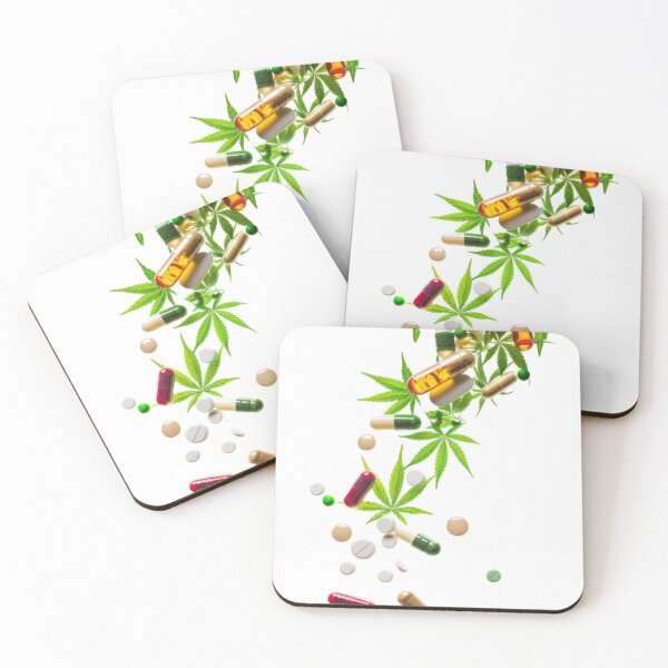 Item preview, Colorful pills and cannabis leaves scattered on white background, AI Generated designed and sold by dvoevnore.