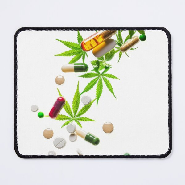 Item preview, Colorful pills and cannabis leaves scattered on white background, AI Generated designed and sold by dvoevnore.