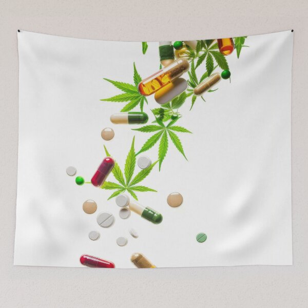 Item preview, Colorful pills and cannabis leaves scattered on white background, AI Generated designed and sold by dvoevnore.