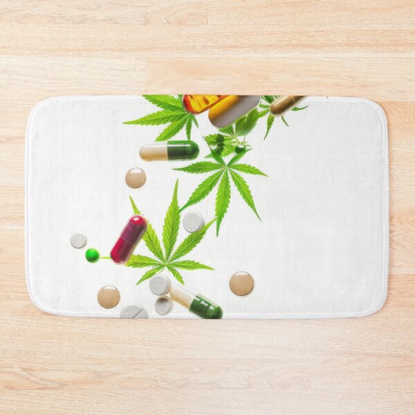 Item preview, Colorful pills and cannabis leaves scattered on white background, AI Generated designed and sold by dvoevnore.