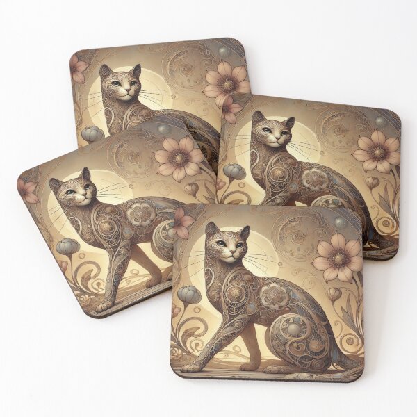 Item preview, Floral Steampunk Art Nouveau Cat – Feline Illustration in Golden Tones designed and sold by FusiTink.
