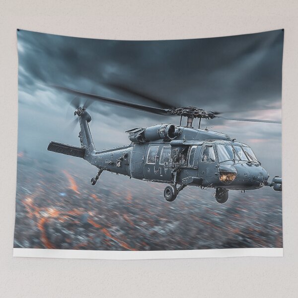 Item preview, Military Black Hawk Resting on the Airfield at Open Farmland after Mission Completion designed and sold by Skyframe Aviation.