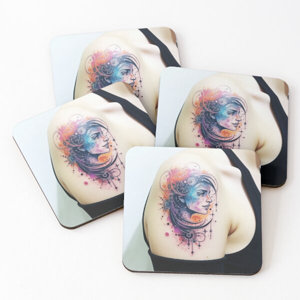 Item preview, Colorful tattoo of woman with long hair and sun on shoulder, celestial theme, AI generated designed and sold by dvoevnore.