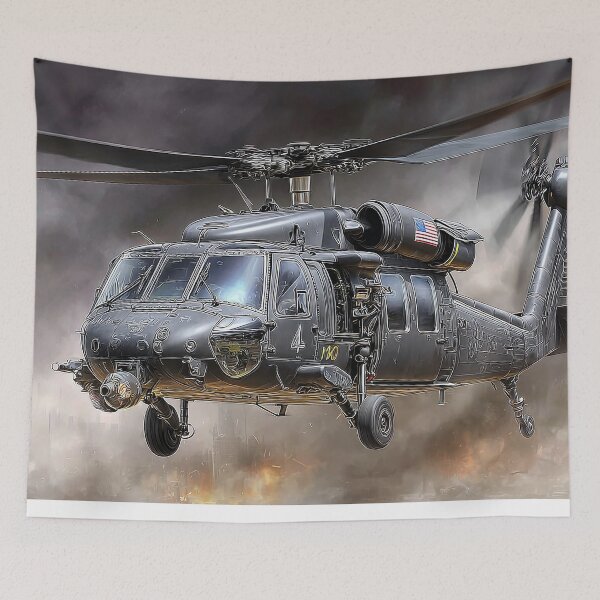 Item preview, Combat Black Hawk Flying Low Across the Forward Operating Base at Dusk designed and sold by Skyframe Aviation.