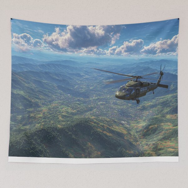 Item preview, Combat Black Hawk Landing at Mountain Terrain under Stormy Clouds designed and sold by Skyframe Aviation.