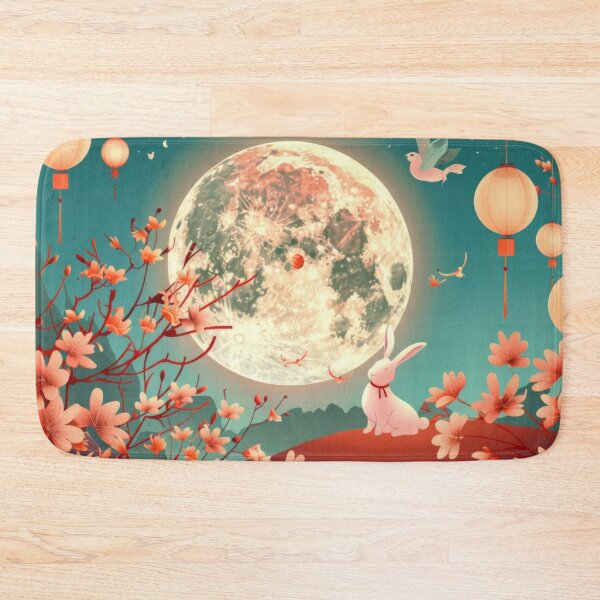 Item preview, Moon festival scene with full moon, rabbit, lanterns, cherry blossoms and birds, AI Generated designed and sold by dvoevnore.