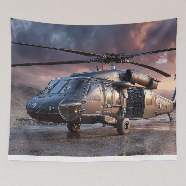 Item preview, Military Black Hawk Awaiting Deployment at Urban Skies amidst Rising Dust designed and sold by Skyframe Aviation.