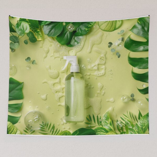 Item preview, Spray bottle with green leaves in nature background, AI Generated designed and sold by dvoevnore.