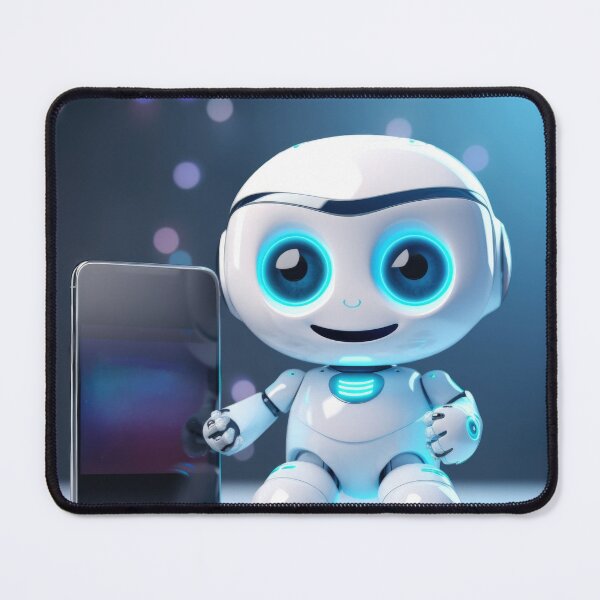 Item preview, Cute robot holding smartphone with glowing blue lights, AI generated designed and sold by dvoevnore.