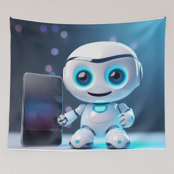 Item preview, Cute robot holding smartphone with glowing blue lights, AI generated designed and sold by dvoevnore.