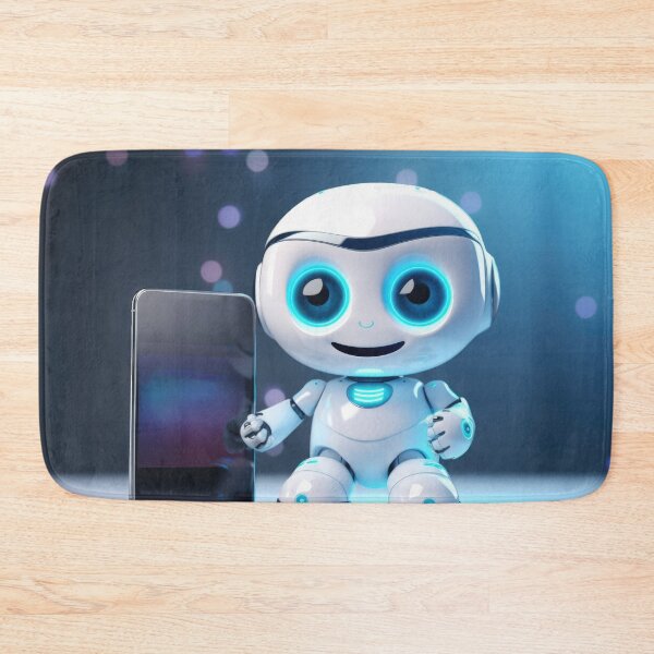 Item preview, Cute robot holding smartphone with glowing blue lights, AI generated designed and sold by dvoevnore.