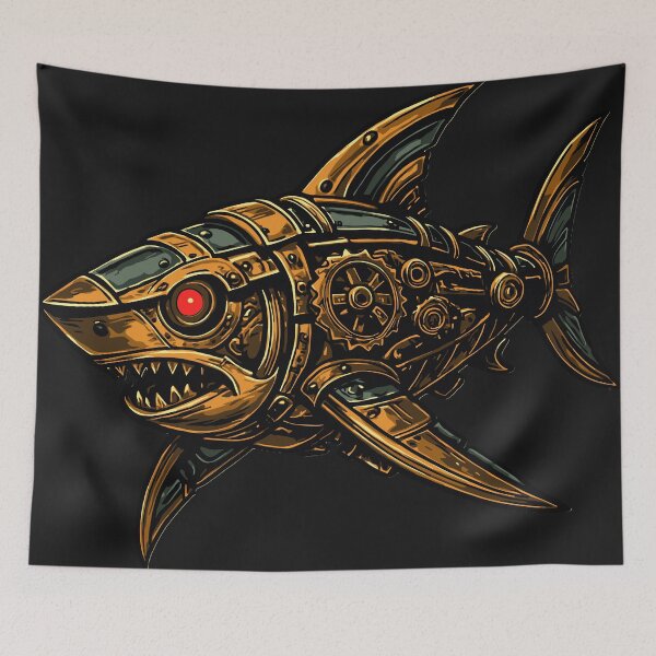 Item preview, Steampunk Shark – Mechanical Brass Cyber Shark Art designed and sold by SeoulInkSoul.