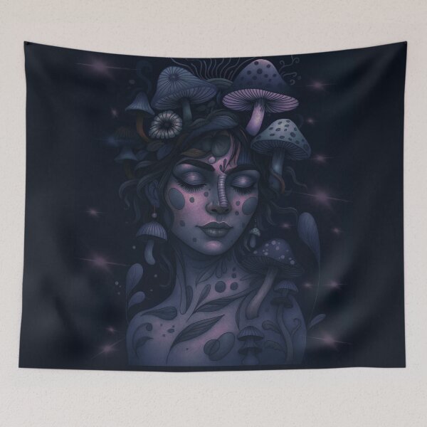 Item preview, Bioluminescent Mushroom Goddess – Dark Fantasy Ethereal Portrait Art designed and sold by DzurDesigns .