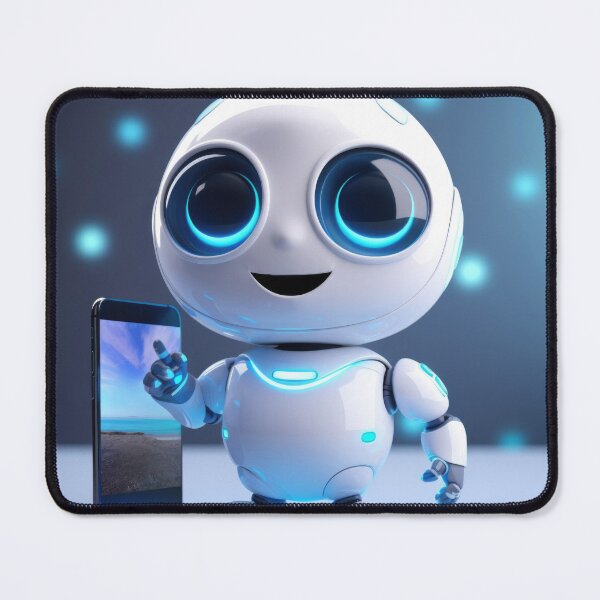 Item preview, Cute robot holding smartphone with glowing blue lights, AI generated designed and sold by dvoevnore.